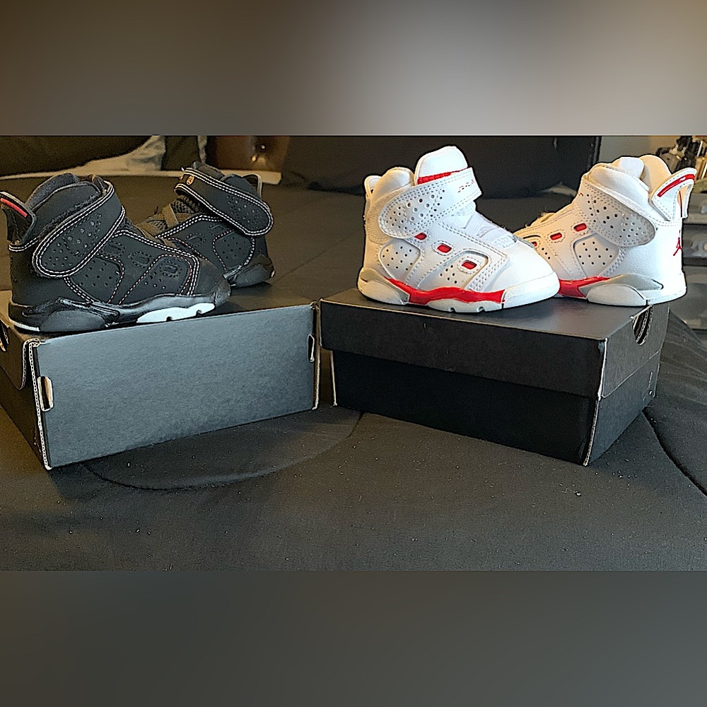 TWO PAIR OF JORDAN 6-17-23 WHITE/RED & BLACK/RED,,Size: 4c FOR TODDLERS👶🏾!!